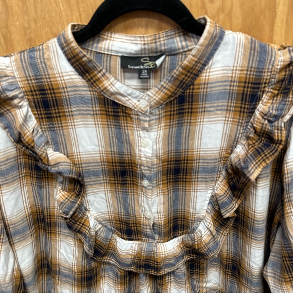 Suzanne Betro women’s brown plaid ruffle front blouse shirt 2x Western - Picture 3 of 6